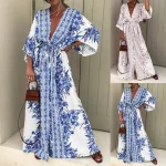 2024 Boho Print Half Sleeve Dress Women Fashion Japanese Kimono Cardigan Vintage Lace Up Beach Loose Robe Oversize Femme Vestido
