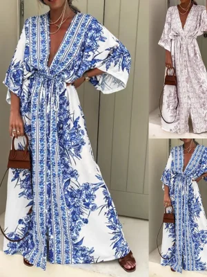 2024 Boho Print Half Sleeve Dress Women Fashion Japanese Kimono Cardigan Vintage Lace Up Beach Loose Robe Oversize Femme Vestido