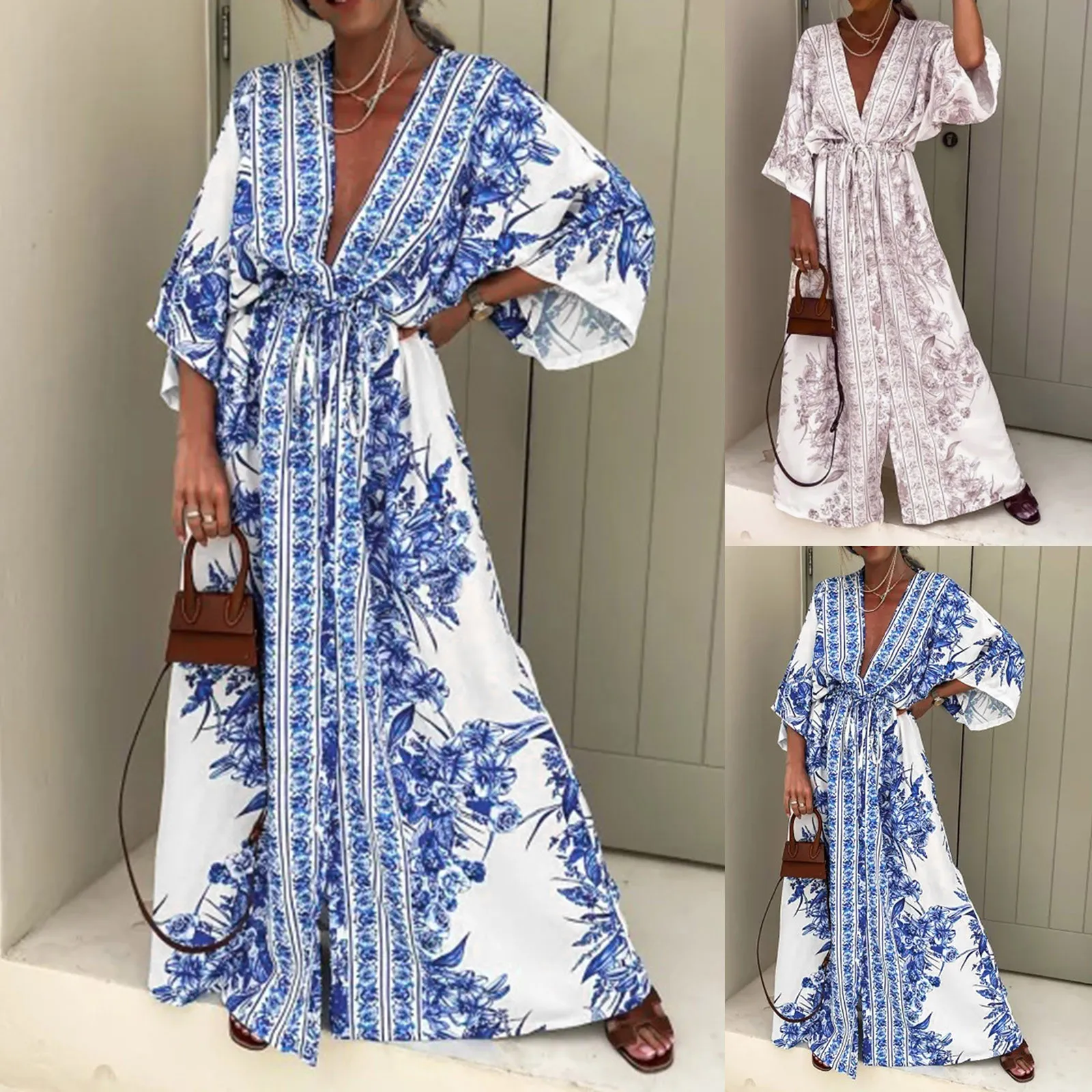 2024 Boho Print Half Sleeve Dress Women Fashion Japanese Kimono Cardigan Vintage Lace Up Beach Loose Robe Oversize Femme Vestido
