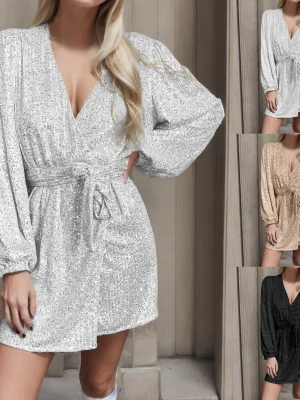 2024 New Sequin Dress For Women Long Lantern Sleeve V Neck Lace Up Waist Wedding Guest Wrap Dresses Evening Party Robe Vestidos