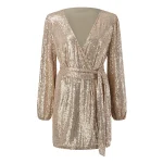 2024 New Sequin Dress For Women Long Lantern Sleeve V Neck Lace Up Waist Wedding Guest Wrap Dresses Evening Party Robe Vestidos