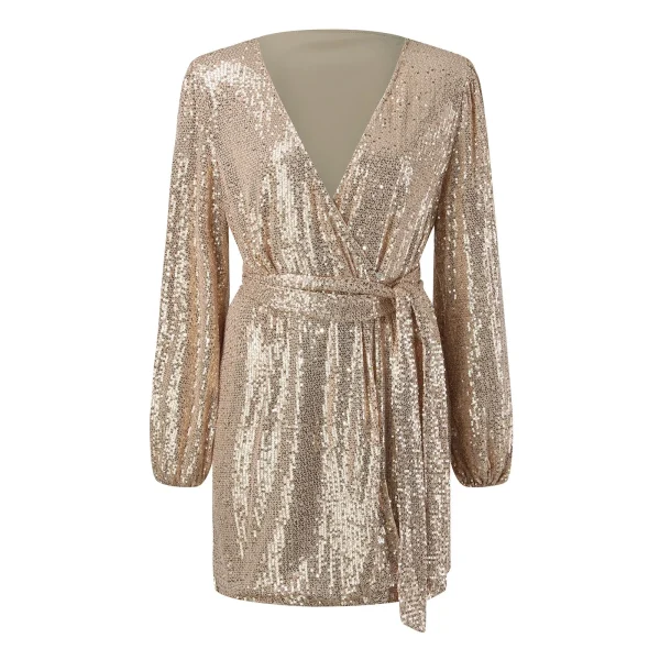 2024 New Sequin Dress For Women Long Lantern Sleeve V Neck Lace Up Waist Wedding Guest Wrap Dresses Evening Party Robe Vestidos