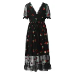 2024 Pink Mesh Lace Up Strawberry Dress Women Summer Deep V Puff Sleeve Sweet Voile Mesh Sequins Embroidery French Party Dresses