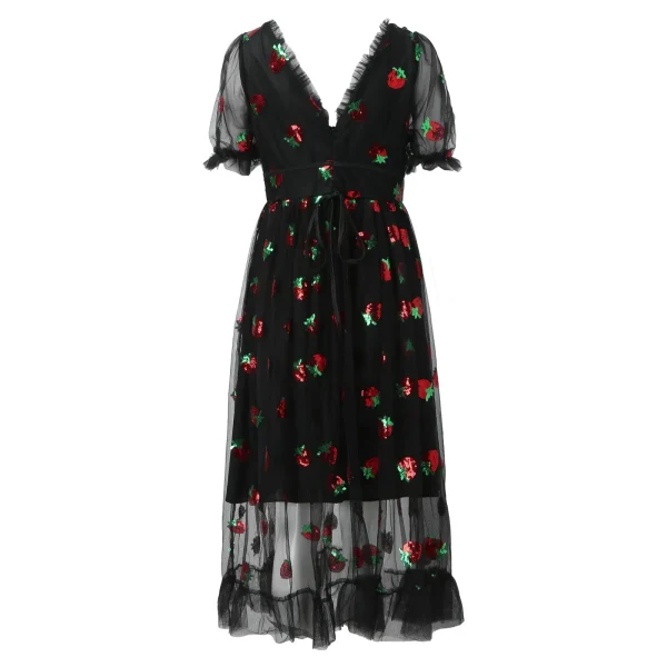 2024 Pink Mesh Lace Up Strawberry Dress Women Summer Deep V Puff Sleeve Sweet Voile Mesh Sequins Embroidery French Party Dresses