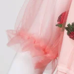 2024 Pink Mesh Lace Up Strawberry Dress Women Summer Deep V Puff Sleeve Sweet Voile Mesh Sequins Embroidery French Party Dresses