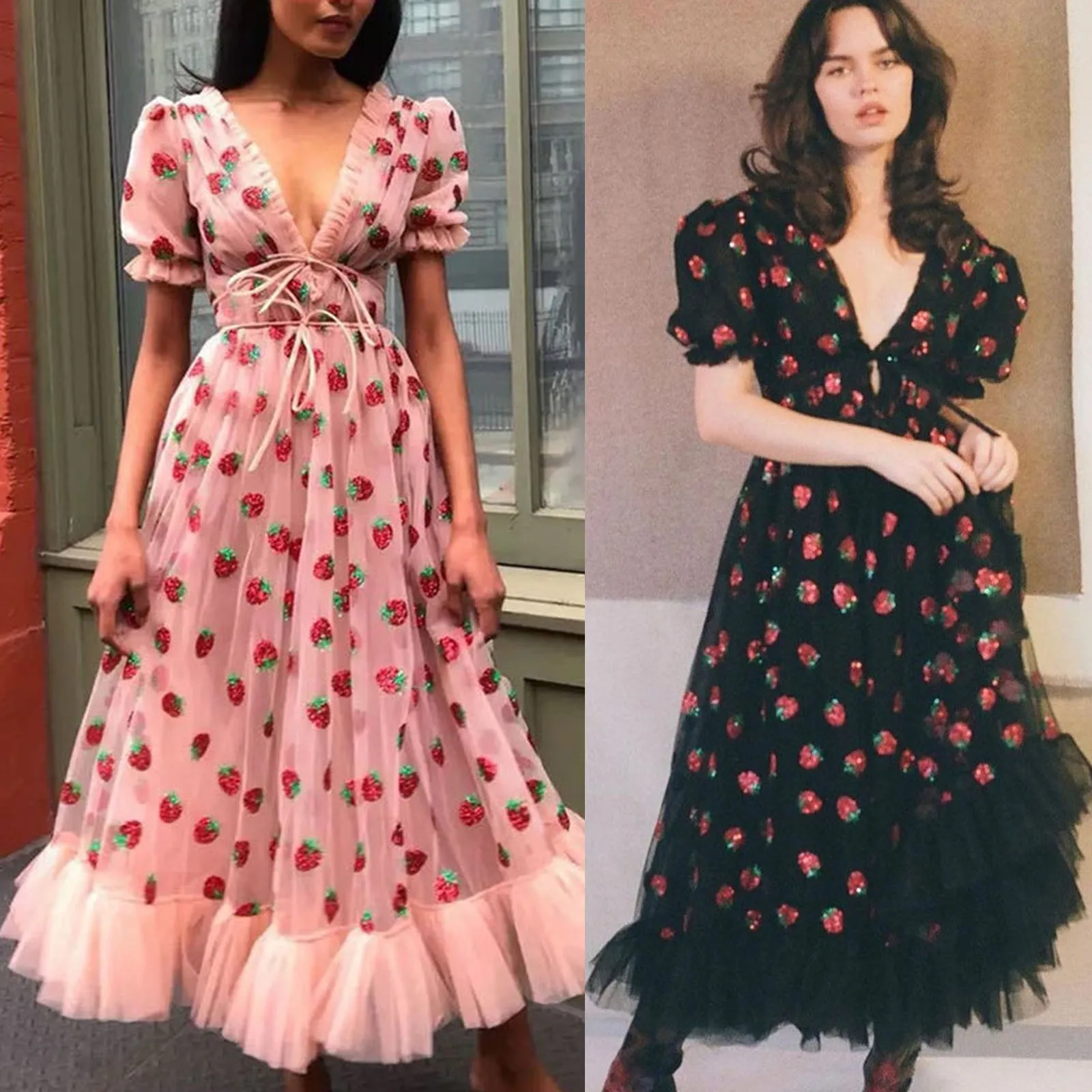 2024 Pink Mesh Lace Up Strawberry Dress Women Summer Deep V Puff Sleeve Sweet Voile Mesh Sequins Embroidery French Party Dresses