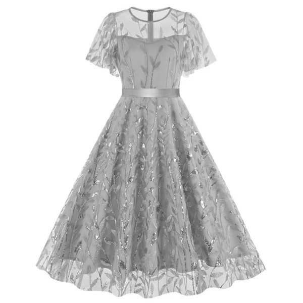 European And American Border Round Neck Mesh Waist Belt Dress Retro Dress Patchwork Slim High waist