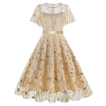 European And American Border Round Neck Mesh Waist Belt Dress Retro Dress Patchwork Slim High waist