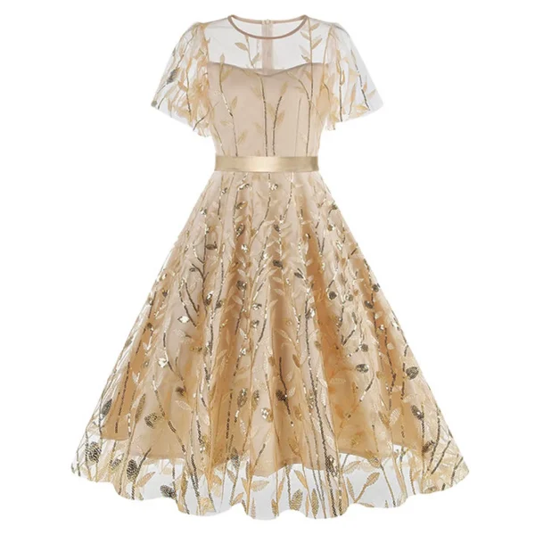 European And American Border Round Neck Mesh Waist Belt Dress Retro Dress Patchwork Slim High waist