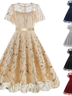 European And American Border Round Neck Mesh Waist Belt Dress Retro Dress Patchwork Slim High waist