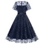 European And American Border Round Neck Mesh Waist Belt Dress Retro Dress Patchwork Slim High waist