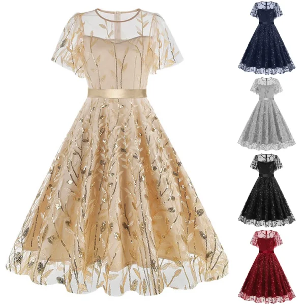 European And American Border Round Neck Mesh Waist Belt Dress Retro Dress Patchwork Slim High waist