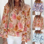 Fashion Floral Lace Up Blouse Sexy Off Shoulder O-Neck Tops Tee Casual Summer Ladies Female Women Long Sleeve Blusas Pullover