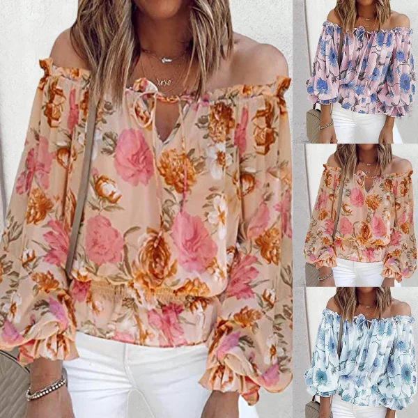 Fashion Floral Lace Up Blouse Sexy Off Shoulder O-Neck Tops Tee Casual Summer Ladies Female Women Long Sleeve Blusas Pullover
