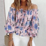 Fashion Floral Lace Up Blouse Sexy Off Shoulder O-Neck Tops Tee Casual Summer Ladies Female Women Long Sleeve Blusas Pullover