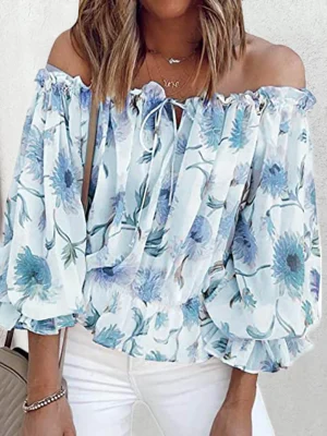 Fashion Floral Lace Up Blouse Sexy Off Shoulder O-Neck Tops Tee Casual Summer Ladies Female Women Long Sleeve Blusas Pullover