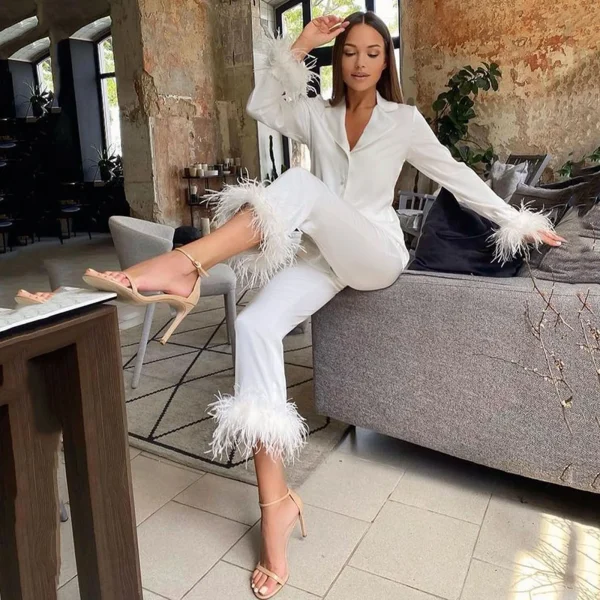 Feather Sleepwear Women Satin Silk Pajamas Set Turn-down Collar Long Sleeve Two Pieces Suit Casual Loose Home Clothes Loungewear