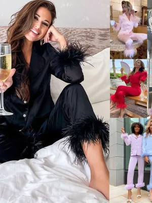 Feather Sleepwear Women Satin Silk Pajamas Set Turn-down Collar Long Sleeve Two Pieces Suit Casual Loose Home Clothes Loungewear
