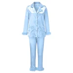 Feather Sleepwear Women Satin Silk Pajamas Set Turn-down Collar Long Sleeve Two Pieces Suit Casual Loose Home Clothes Loungewear