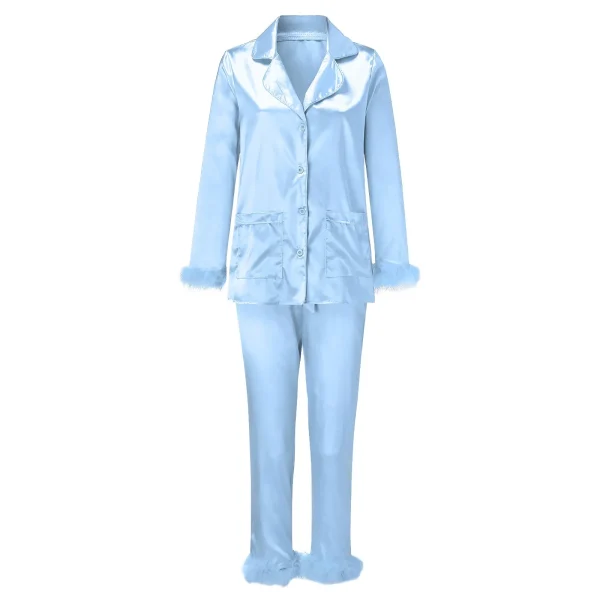 Feather Sleepwear Women Satin Silk Pajamas Set Turn-down Collar Long Sleeve Two Pieces Suit Casual Loose Home Clothes Loungewear