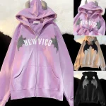 Harajuku Bats Wing Zipper Hoodies Plush Devil Horn Hoodie Thermal Lined Hooded Sweatshirt Halloween Oversized Harajuku Jackets