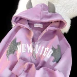 Harajuku Bats Wing Zipper Hoodies Plush Devil Horn Hoodie Thermal Lined Hooded Sweatshirt Halloween Oversized Harajuku Jackets