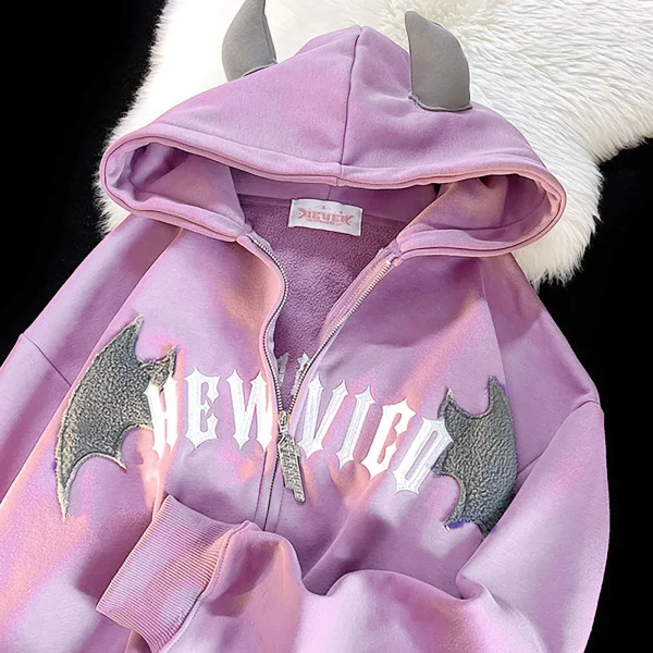 Harajuku Bats Wing Zipper Hoodies Plush Devil Horn Hoodie Thermal Lined Hooded Sweatshirt Halloween Oversized Harajuku Jackets