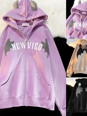 Harajuku Bats Wing Zipper Hoodies Plush Devil Horn Hoodie Thermal Lined Hooded Sweatshirt Halloween Oversized Harajuku Jackets