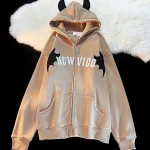 Harajuku Bats Wing Zipper Hoodies Plush Devil Horn Hoodie Thermal Lined Hooded Sweatshirt Halloween Oversized Harajuku Jackets