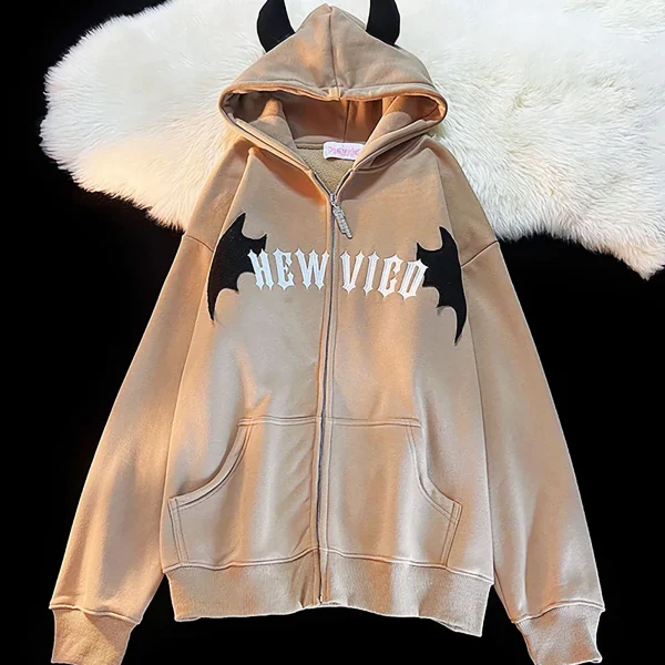 Harajuku Bats Wing Zipper Hoodies Plush Devil Horn Hoodie Thermal Lined Hooded Sweatshirt Halloween Oversized Harajuku Jackets