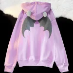 Harajuku Bats Wing Zipper Hoodies Plush Devil Horn Hoodie Thermal Lined Hooded Sweatshirt Halloween Oversized Harajuku Jackets
