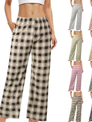Harajuku Plaid Pants Women Oversize Wide Leg Trousers Female Korean High Waist Wide Leg Trousers Home Wear Straght Casual Pants