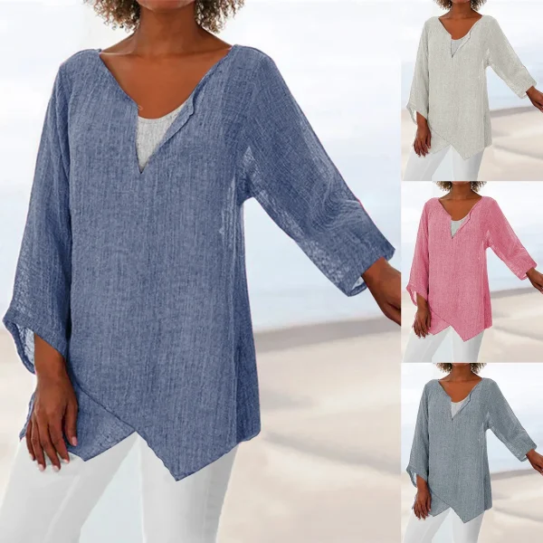 Oversized Cotton Linen Women's Blouse V Neck Long Sleeve Tunic Shirts Loose Casual Midi T Shirt Tops Autumn Women Outfits Blusa