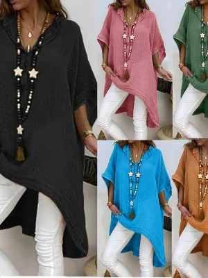 Oversized  Fashion Solid Long Blouse Shirt Loose V-Neck Tops Summer Casual Ladies Tops Female Women Short Sleeve Blusas Pullover