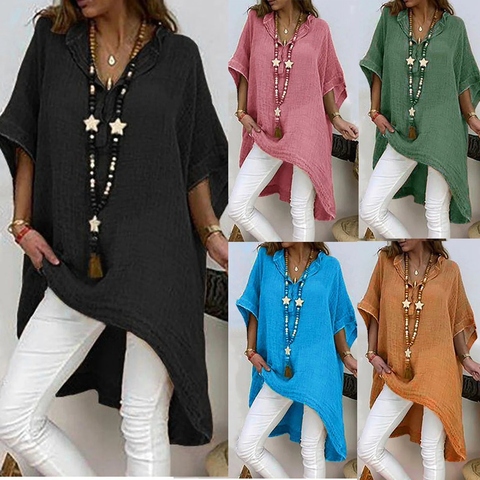 Oversized  Fashion Solid Long Blouse Shirt Loose V-Neck Tops Summer Casual Ladies Tops Female Women Short Sleeve Blusas Pullover
