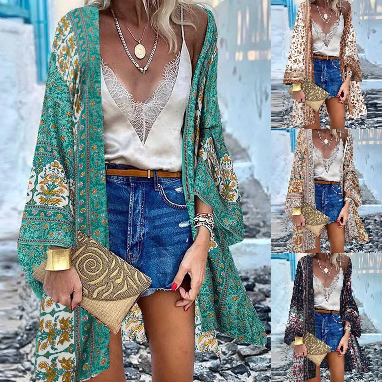 Oversized  Summer Long Cardigan Boho Print Blouse Casual Loose Sheer Chiffon Kimono Tops Female Women Half Sleeve Shirt Blusas
