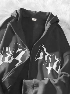 Oversized Zip Up Hoodies Hip Hop Sweatshirt Vintage Goth Print Hooded Jacket Women Loose Casual Hoodie Zipper Thin Hoodies Coats