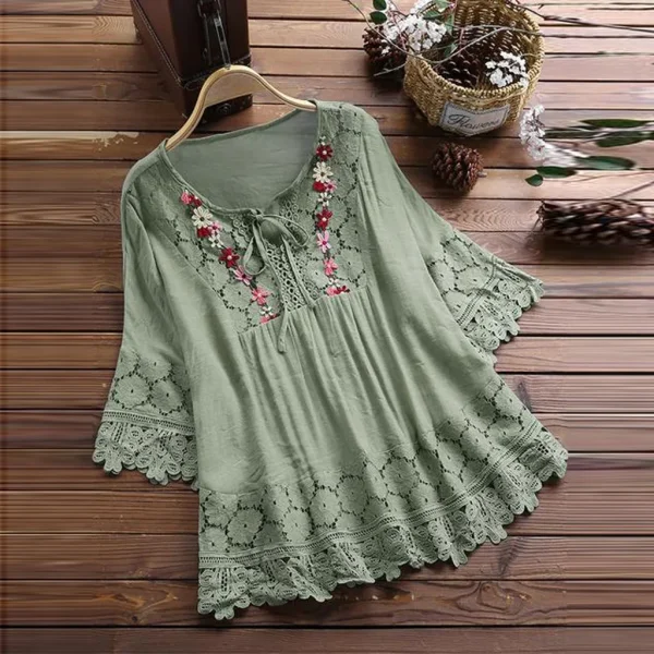 Plus Size Lace Blouse Elegant Female Hollow Out O Neck Bandage Loose Cotton Line Tops Floral Vintage?Pullover Summer Women Shirt
