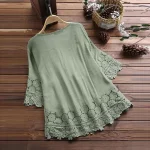 Plus Size Lace Blouse Elegant Female Hollow Out O Neck Bandage Loose Cotton Line Tops Floral Vintage?Pullover Summer Women Shirt