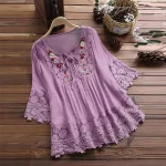 Plus Size Lace Blouse Elegant Female Hollow Out O Neck Bandage Loose Cotton Line Tops Floral Vintage?Pullover Summer Women Shirt