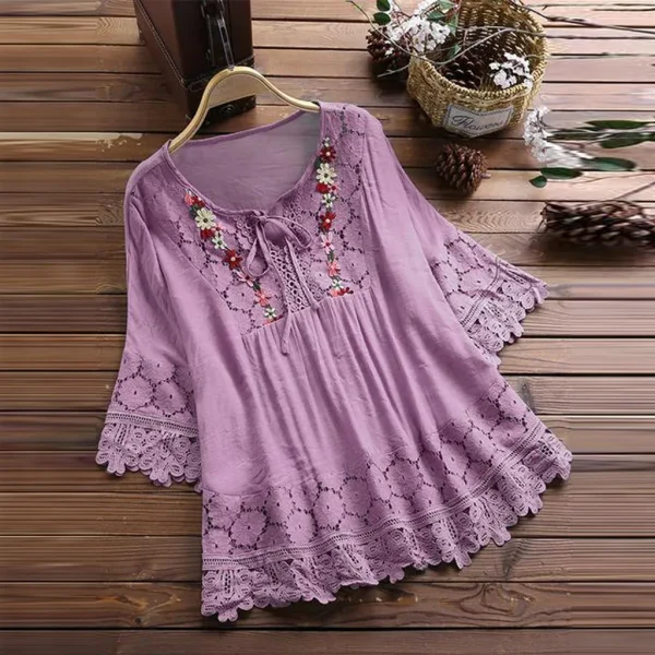 Plus Size Lace Blouse Elegant Female Hollow Out O Neck Bandage Loose Cotton Line Tops Floral Vintage?Pullover Summer Women Shirt