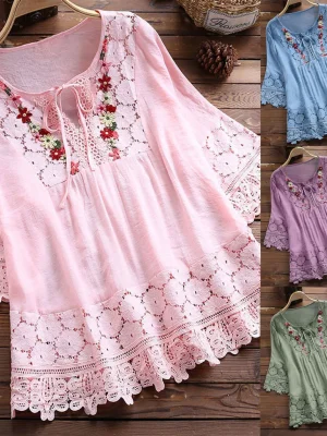 Plus Size Lace Blouse Elegant Female Hollow Out O Neck Bandage Loose Cotton Line Tops Floral Vintage?Pullover Summer Women Shirt