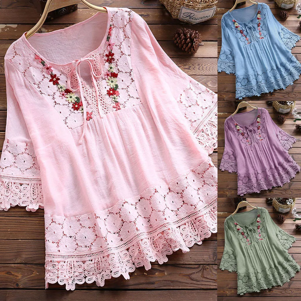 Plus Size Lace Blouse Elegant Female Hollow Out O Neck Bandage Loose Cotton Line Tops Floral Vintage?Pullover Summer Women Shirt