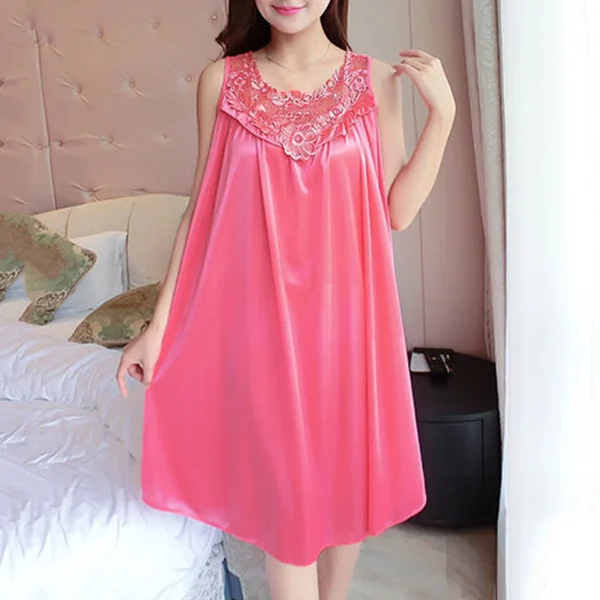 Plus Size Nightgown Women Casual Solid Dress Sleeveless O Neck Lace Splice Dress Sleepwear for Women Bathing Suit Robe Pajamas