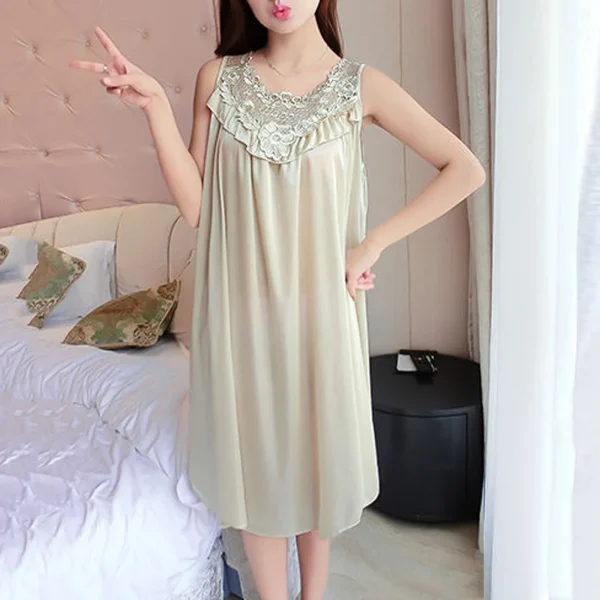 Plus Size Nightgown Women Casual Solid Dress Sleeveless O Neck Lace Splice Dress Sleepwear for Women Bathing Suit Robe Pajamas