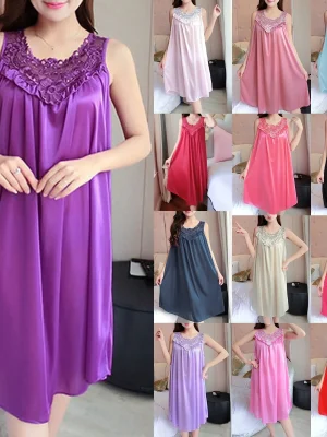 Plus Size Nightgown Women Casual Solid Dress Sleeveless O Neck Lace Splice Dress Sleepwear for Women Bathing Suit Robe Pajamas