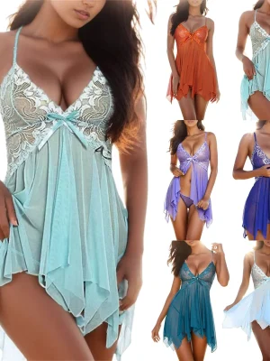 Sexy Lingerie Set Women Porn Erotic Pajamas Lace Nightdress Sex Babydolls Clothes Transparent Dress With Panties Nighties Thongs
