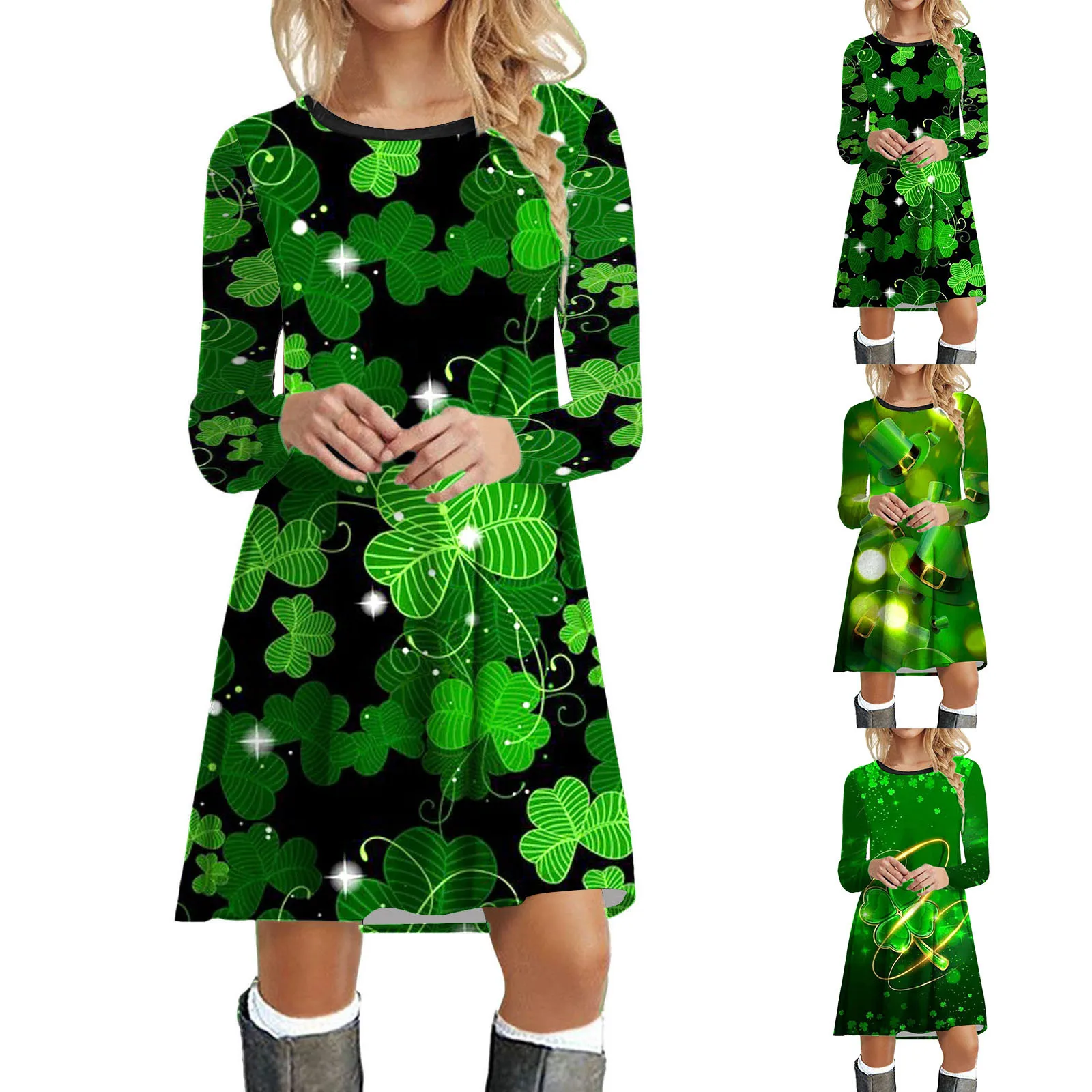 St Patricks Day Costumes Party Dress Women Long Sleeve Fur Collar 1950s Housewife Vintage