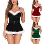 Women Christmas Dress Pajamas Lingerie Cosplay Santa Claus Costume Carnival Theme Party Clubwear Plush Feather Trim Velvet Dress