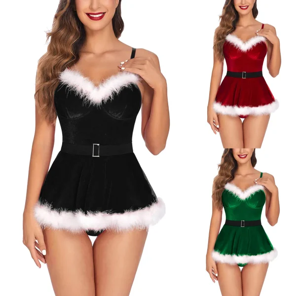 Women Christmas Dress Pajamas Lingerie Cosplay Santa Claus Costume Carnival Theme Party Clubwear Plush Feather Trim Velvet Dress